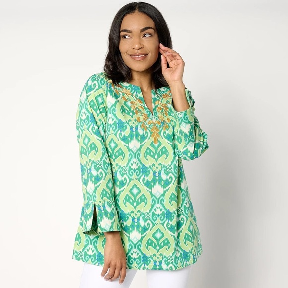 Bellisima by Kim Gravel Ibiza Ikat Boutique Soutache Tunic Size Large Green - Picture 1 of 13